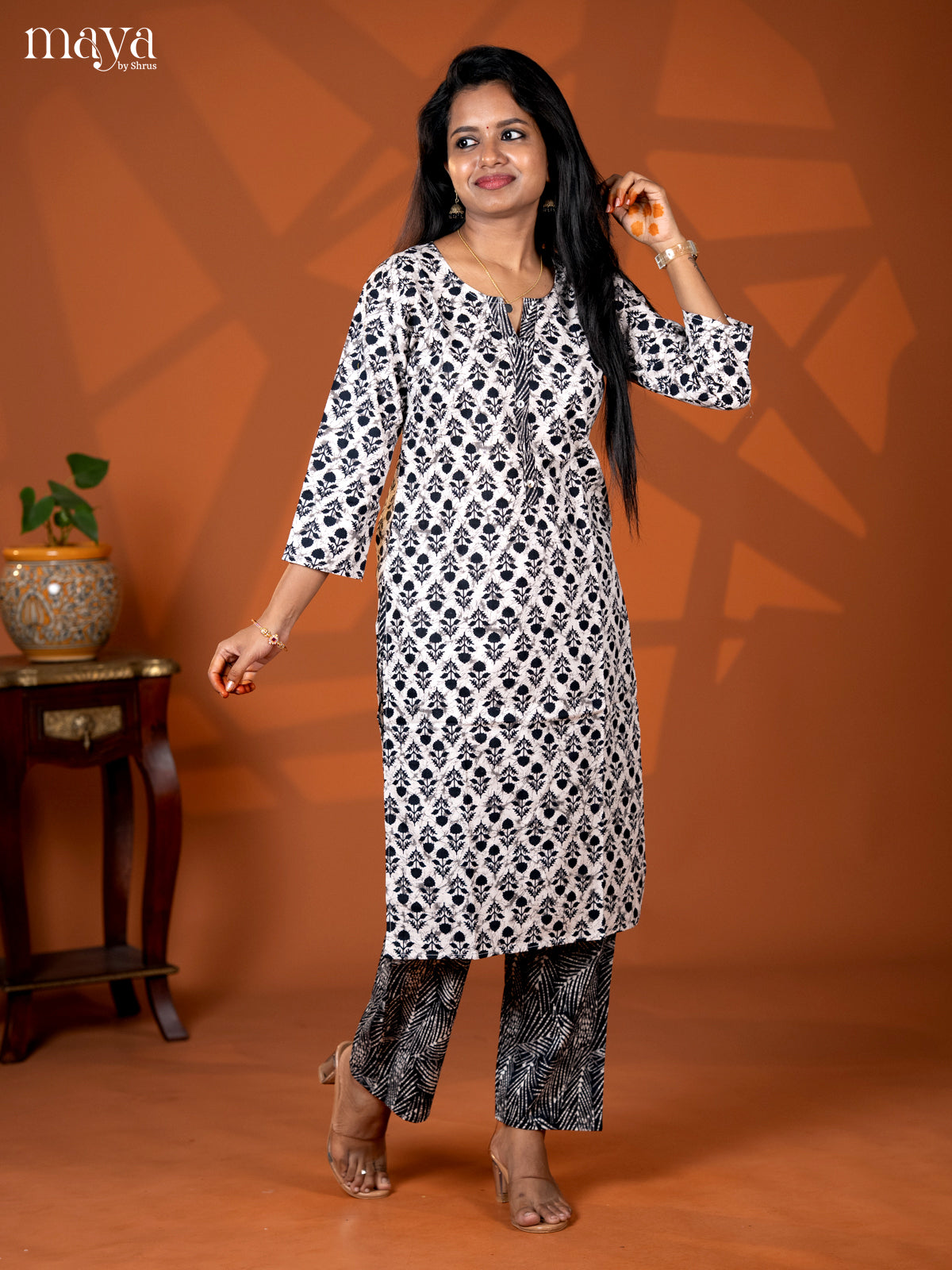 Cream with Black Cotton 2pc Floral Print Salwar Suit - Top & Bottom - Shop on Shrus.com