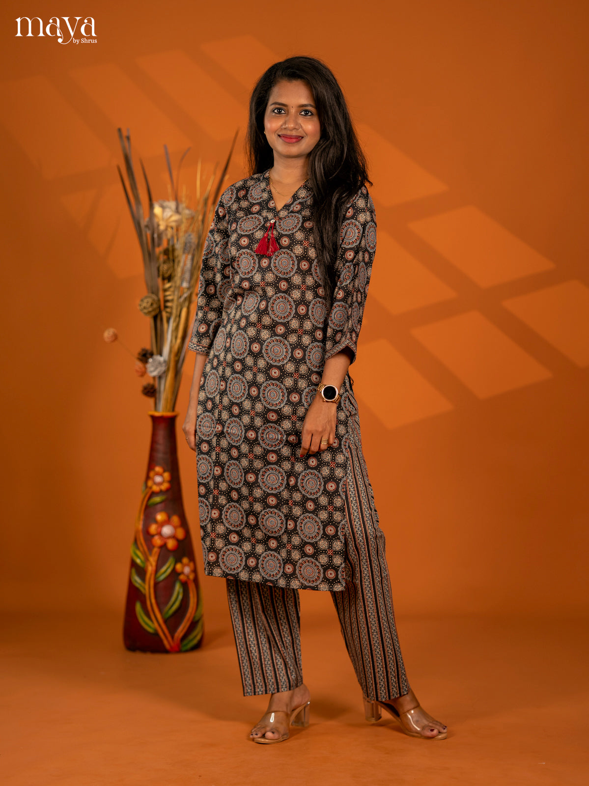 Black Cotton 2pc Ajrakh Print Salwar Suit - Top & Bottom - Shop on Shrus.com