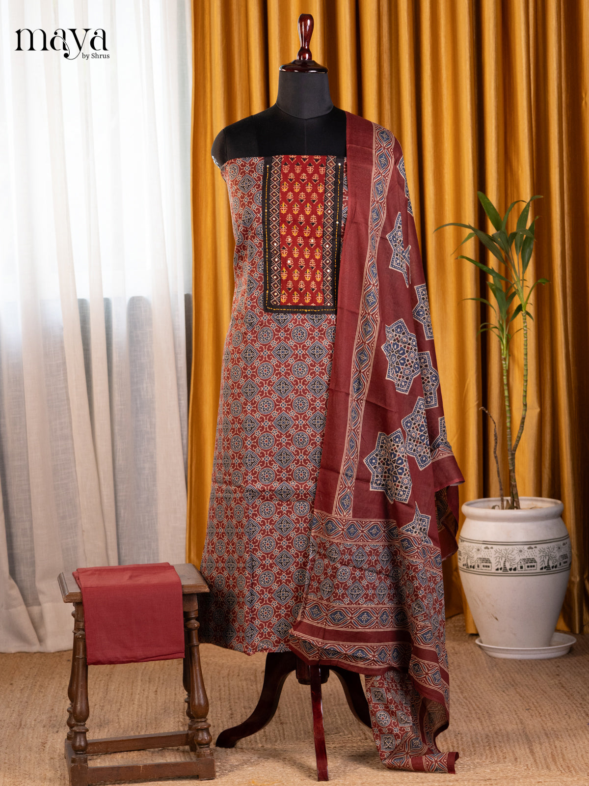 Maroon - Ajrakh Salwar Unstitch - Shop on Shrus.com