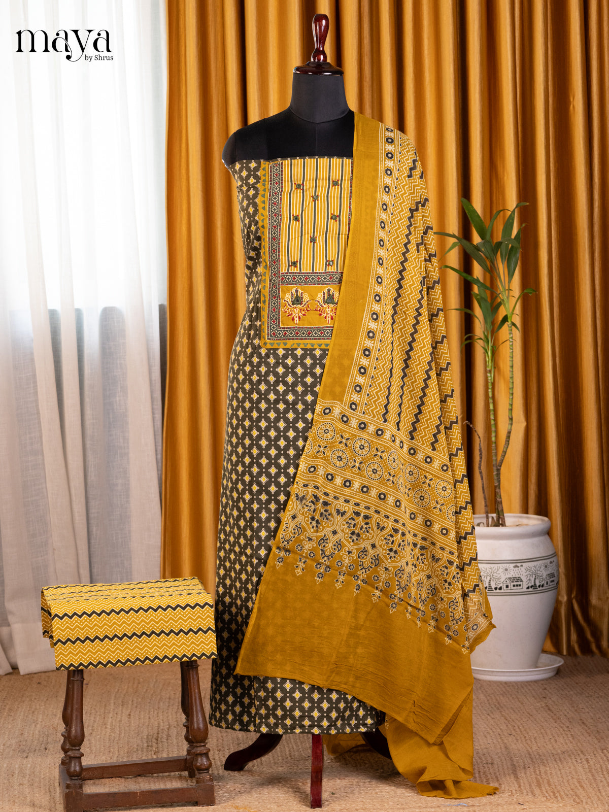 Green & Mustard - Ajrakh Salwar Unstitch - Shop on Shrus.com