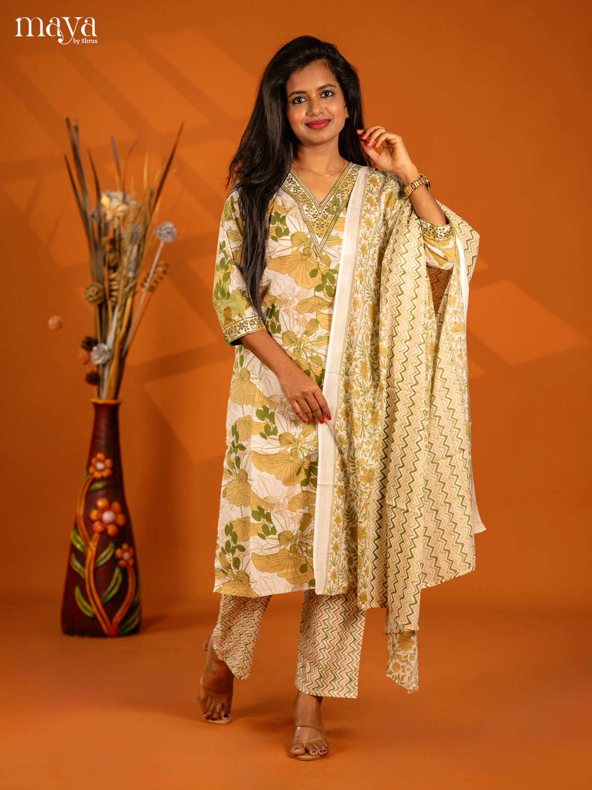 Light Green Cotton 3pc Salwar Suit with Floral Print - Top, Bottom & Dupatta - Shop on Shrus.com