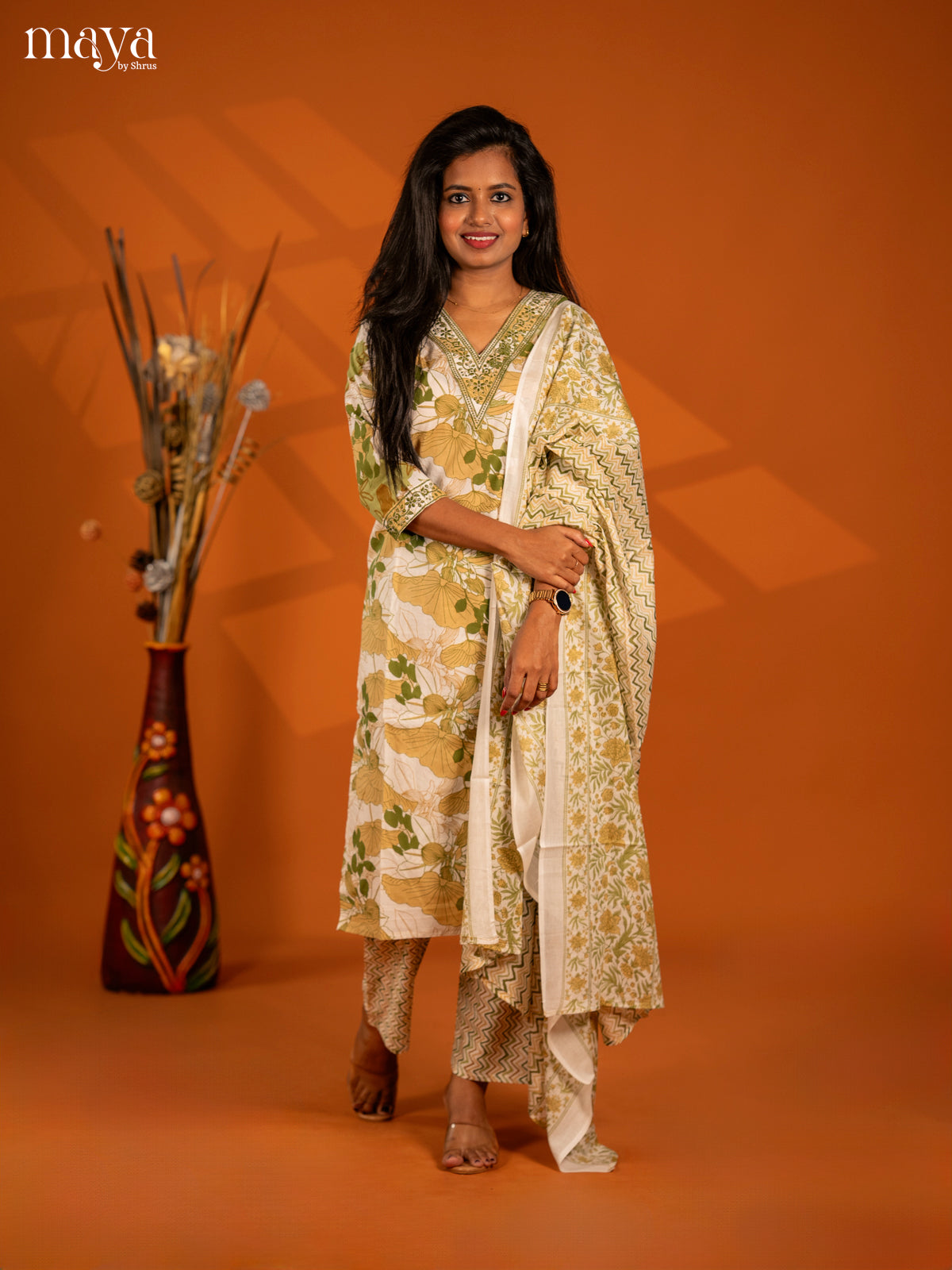 Light Green Cotton 3pc Salwar Suit with Floral Print - Top, Bottom & Dupatta - Shop on Shrus.com