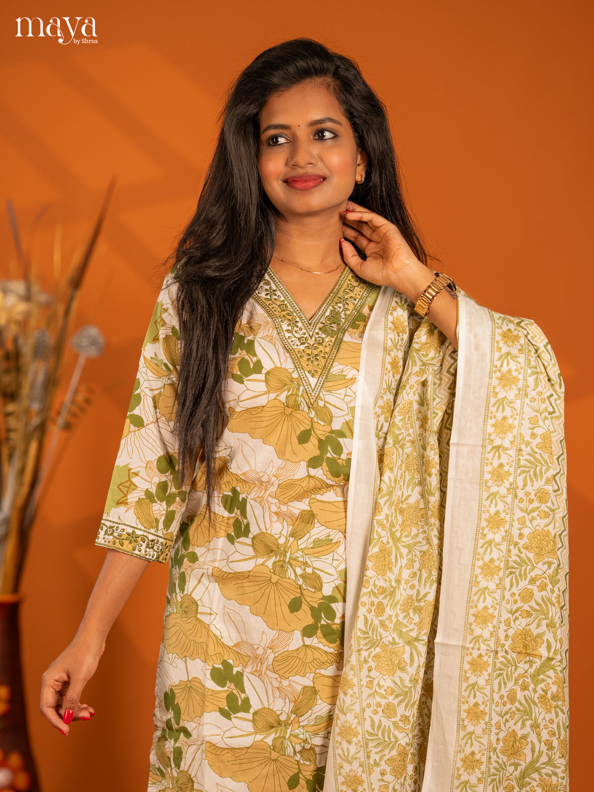 Light Green Cotton 3pc Salwar Suit with Floral Print - Top, Bottom & Dupatta - Shop on Shrus.com