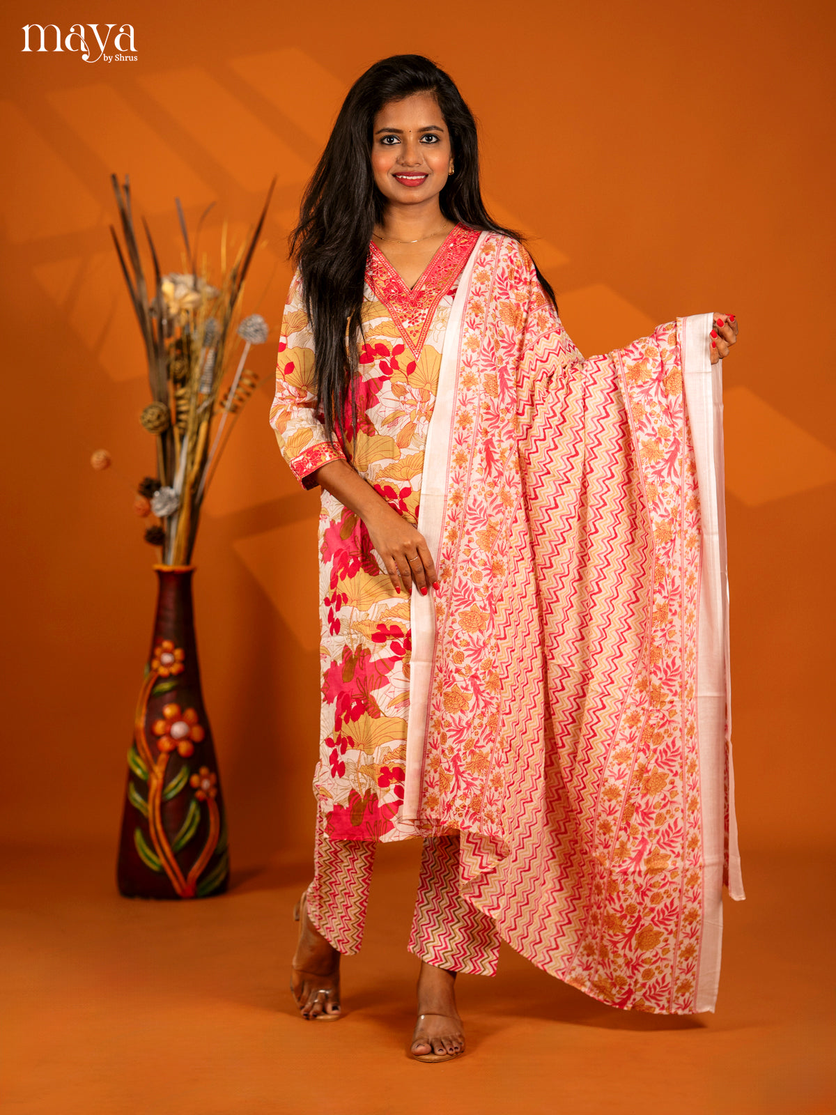 Light pink Cotton 3pc Salwar Suit with Floral Print - Top, Bottom & Dupatta - Shop on Shrus.com