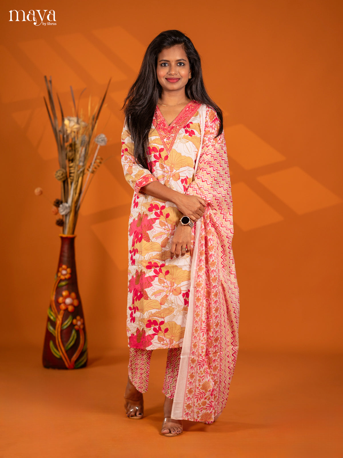 Light pink Cotton 3pc Salwar Suit with Floral Print - Top, Bottom & Dupatta - Shop on Shrus.com