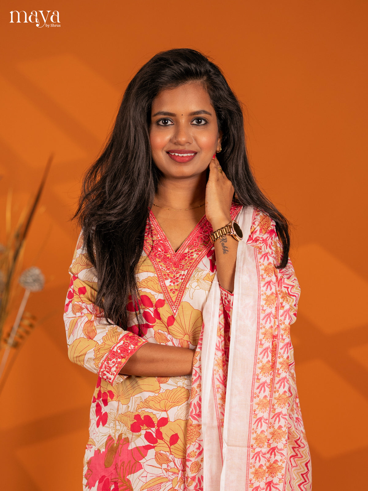 Light pink Cotton 3pc Salwar Suit with Floral Print - Top, Bottom & Dupatta - Shop on Shrus.com