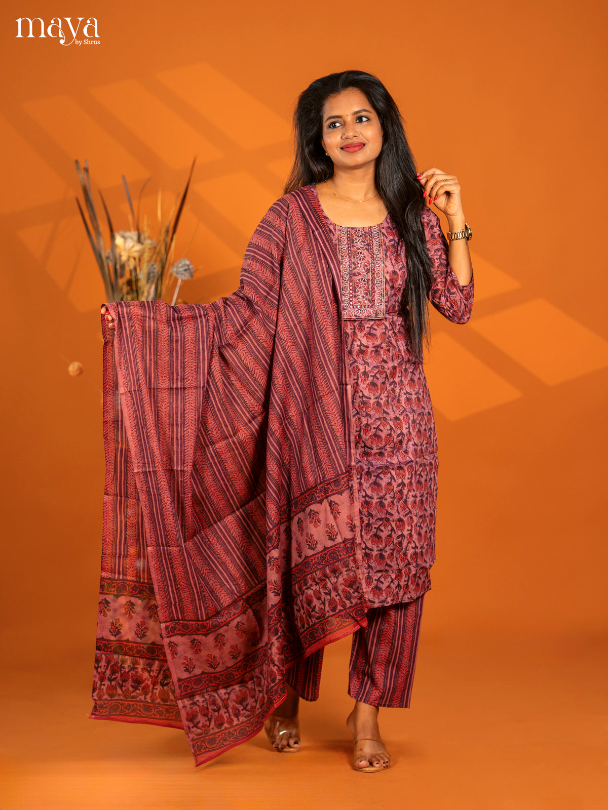 Light Purple Cotton 3pc Salwar Suit with Floral Print - Top, Bottom & Dupatta - Shop on Shrus.com