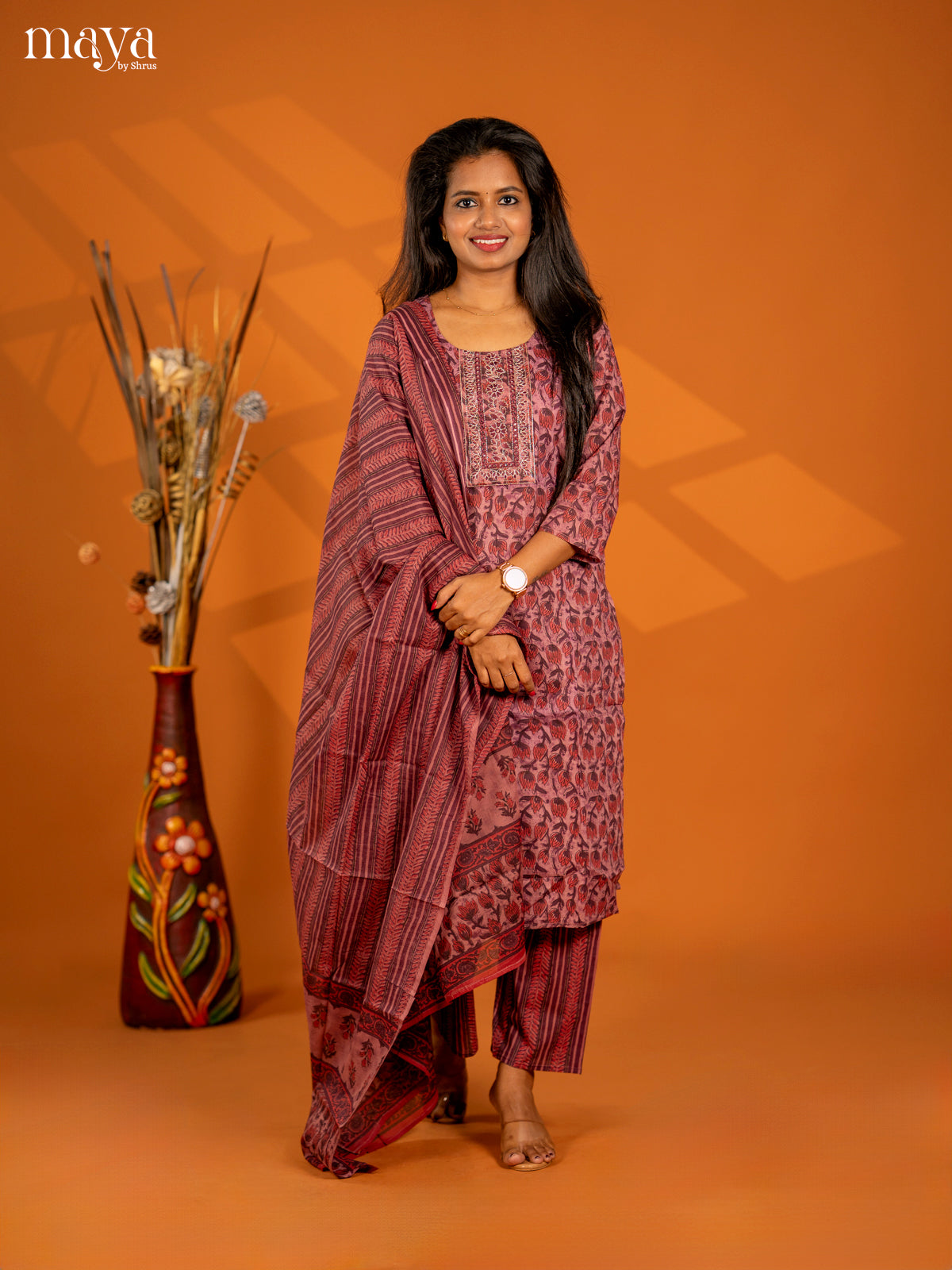 Light Purple Cotton 3pc Salwar Suit with Floral Print - Top, Bottom & Dupatta - Shop on Shrus.com