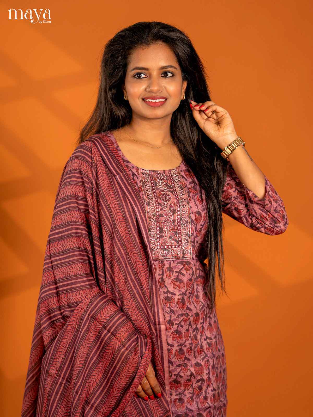 Light Purple Cotton 3pc Salwar Suit with Floral Print - Top, Bottom & Dupatta - Shop on Shrus.com