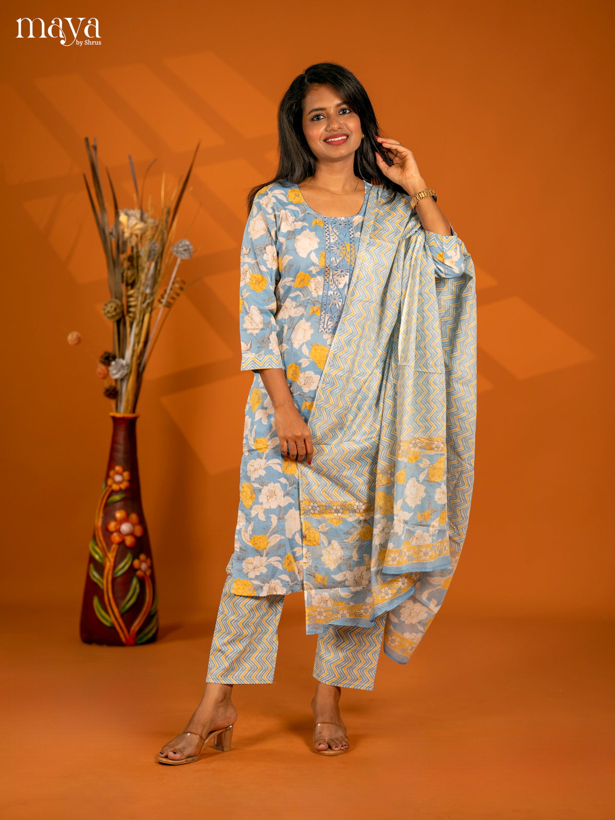 Ice Blue Cotton 3pc Salwar Suit with Floral Print - Top, Bottom & Dupatta - Shop on Shrus.com