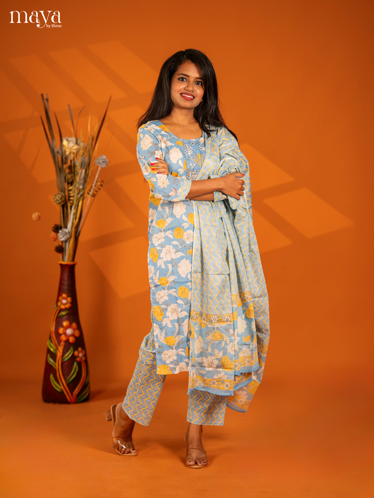 Ice Blue Cotton 3pc Salwar Suit with Floral Print - Top, Bottom & Dupatta - Shop on Shrus.com