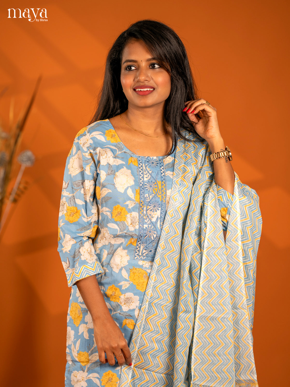 Ice Blue Cotton 3pc Salwar Suit with Floral Print - Top, Bottom & Dupatta - Shop on Shrus.com