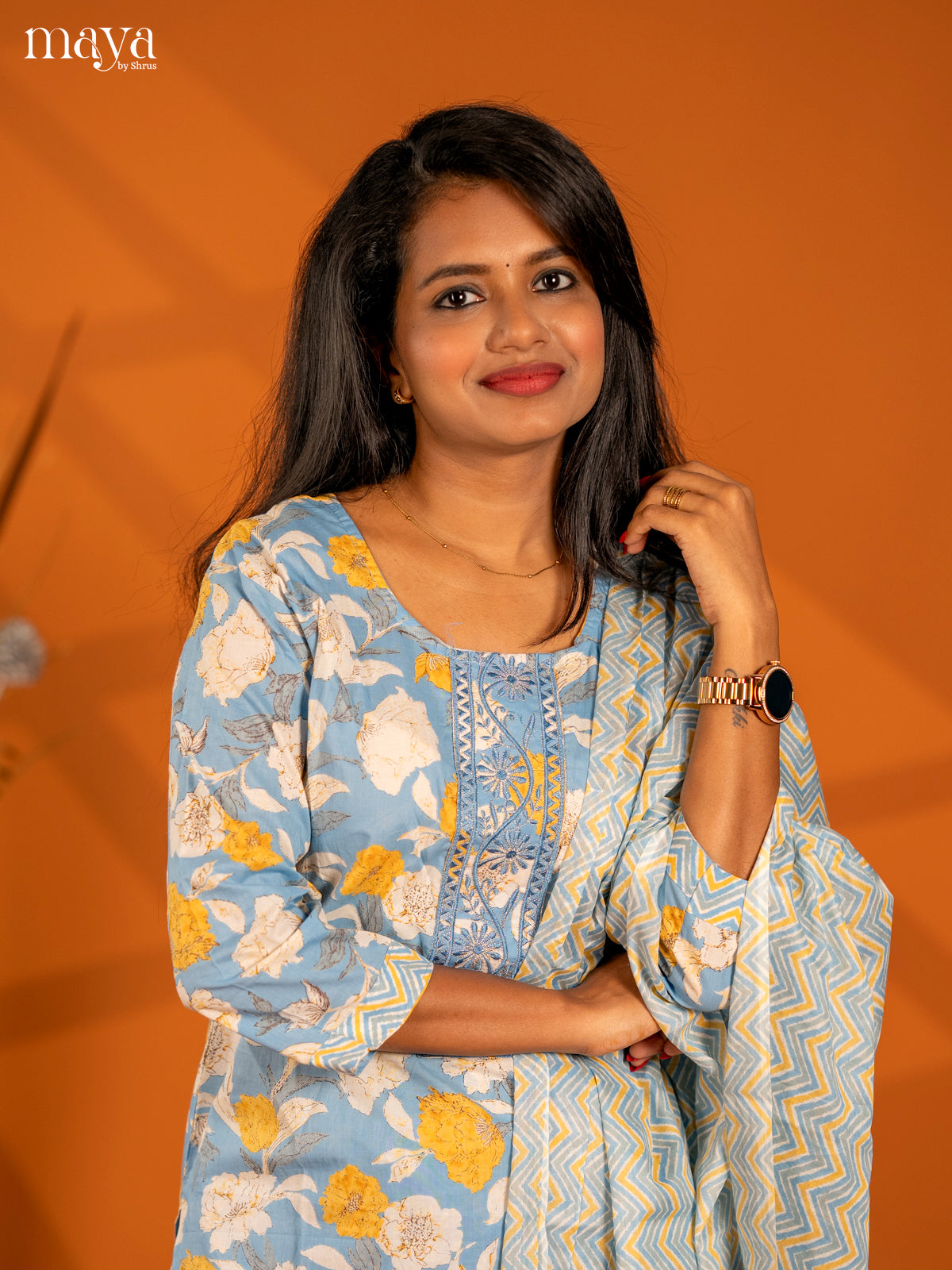 Ice Blue Cotton 3pc Salwar Suit with Floral Print - Top, Bottom & Dupatta - Shop on Shrus.com