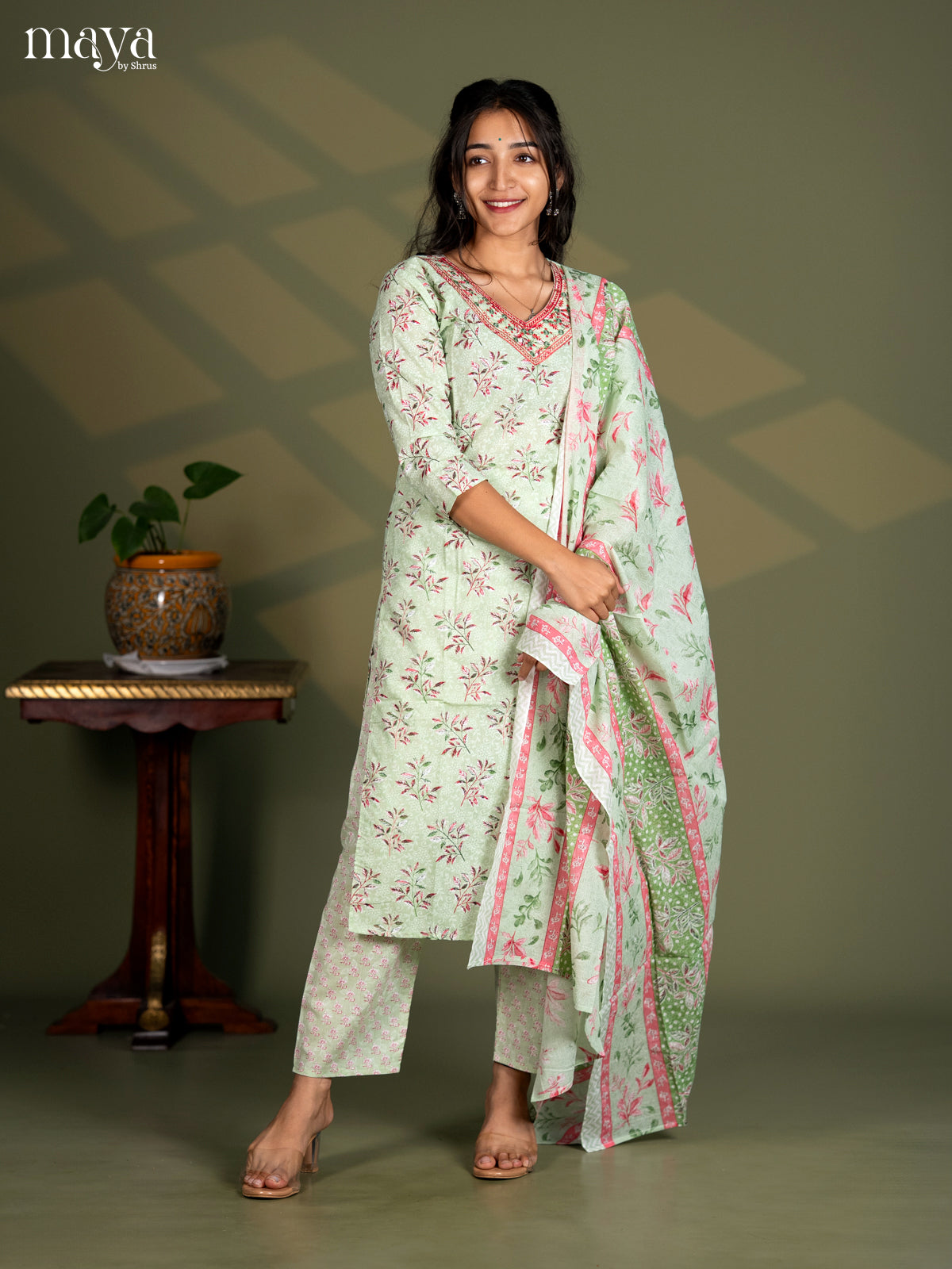 Pista Green Cotton 3pc Salwar Suit with Floral Print - Top, Bottom & Dupatta - Shop on Shrus.com