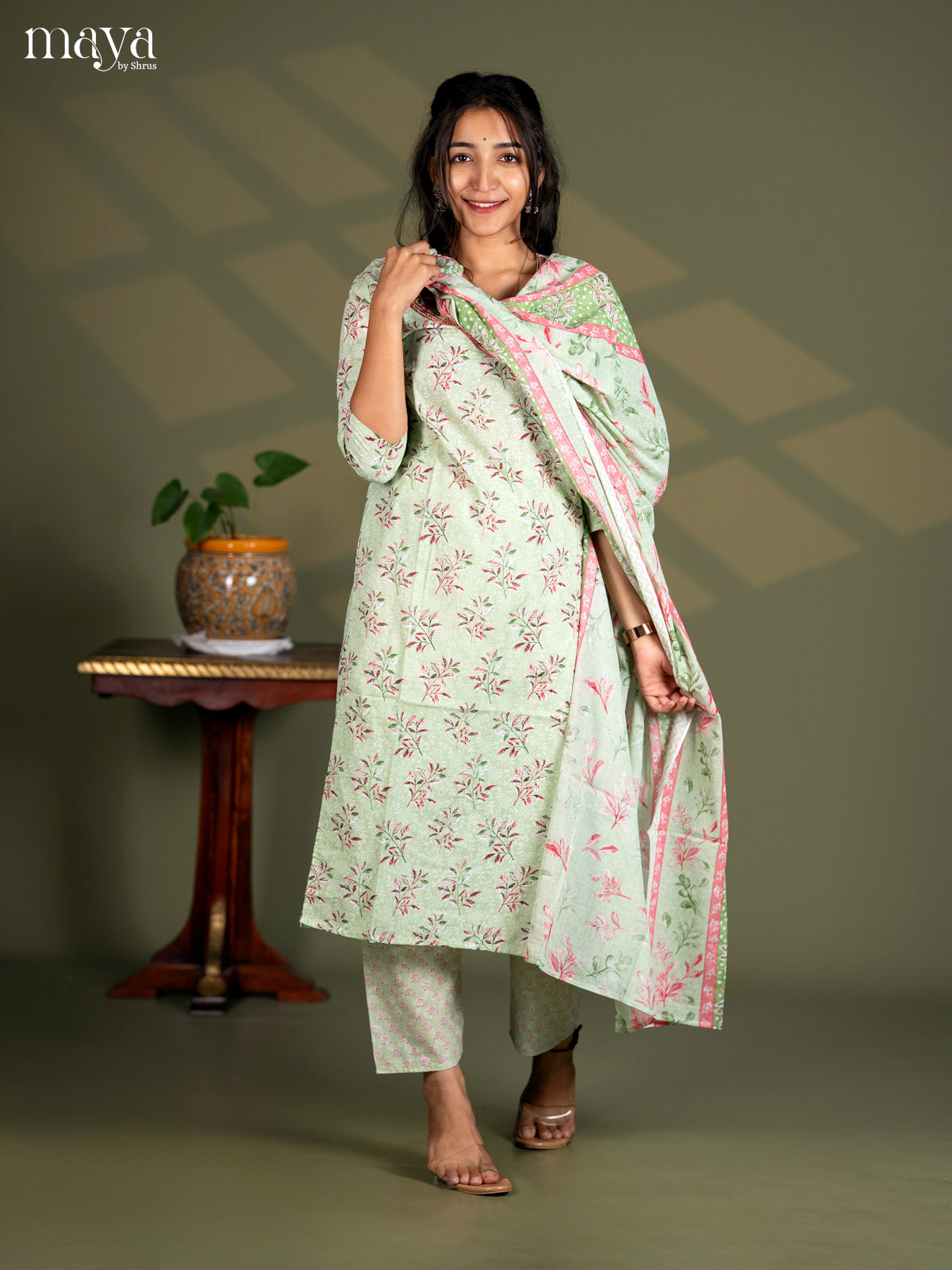 Pista Green Cotton 3pc Salwar Suit with Floral Print - Top, Bottom & Dupatta - Shop on Shrus.com