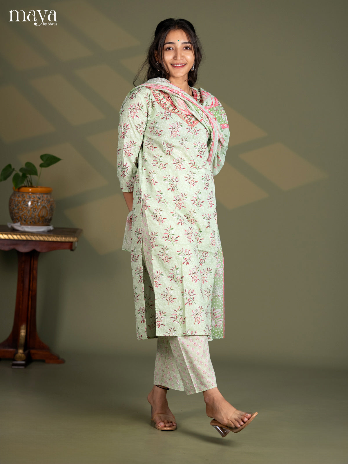 Pista Green Cotton 3pc Salwar Suit with Floral Print - Top, Bottom & Dupatta - Shop on Shrus.com