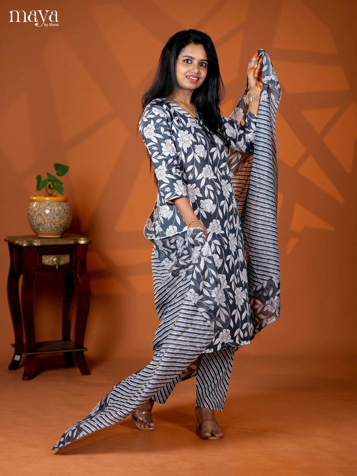 Grey Cotton 3pc Salwar suit with Floral Print - Top, Bottom & Dupatta - Shop on Shrus.com