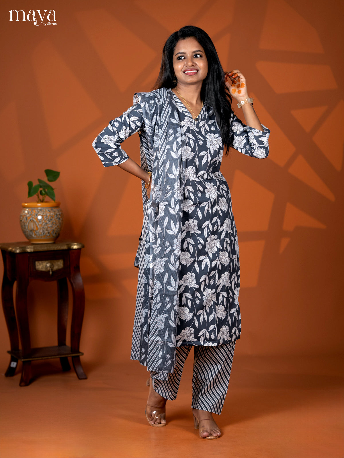 Grey Cotton 3pc Salwar suit with Floral Print - Top, Bottom & Dupatta - Shop on Shrus.com