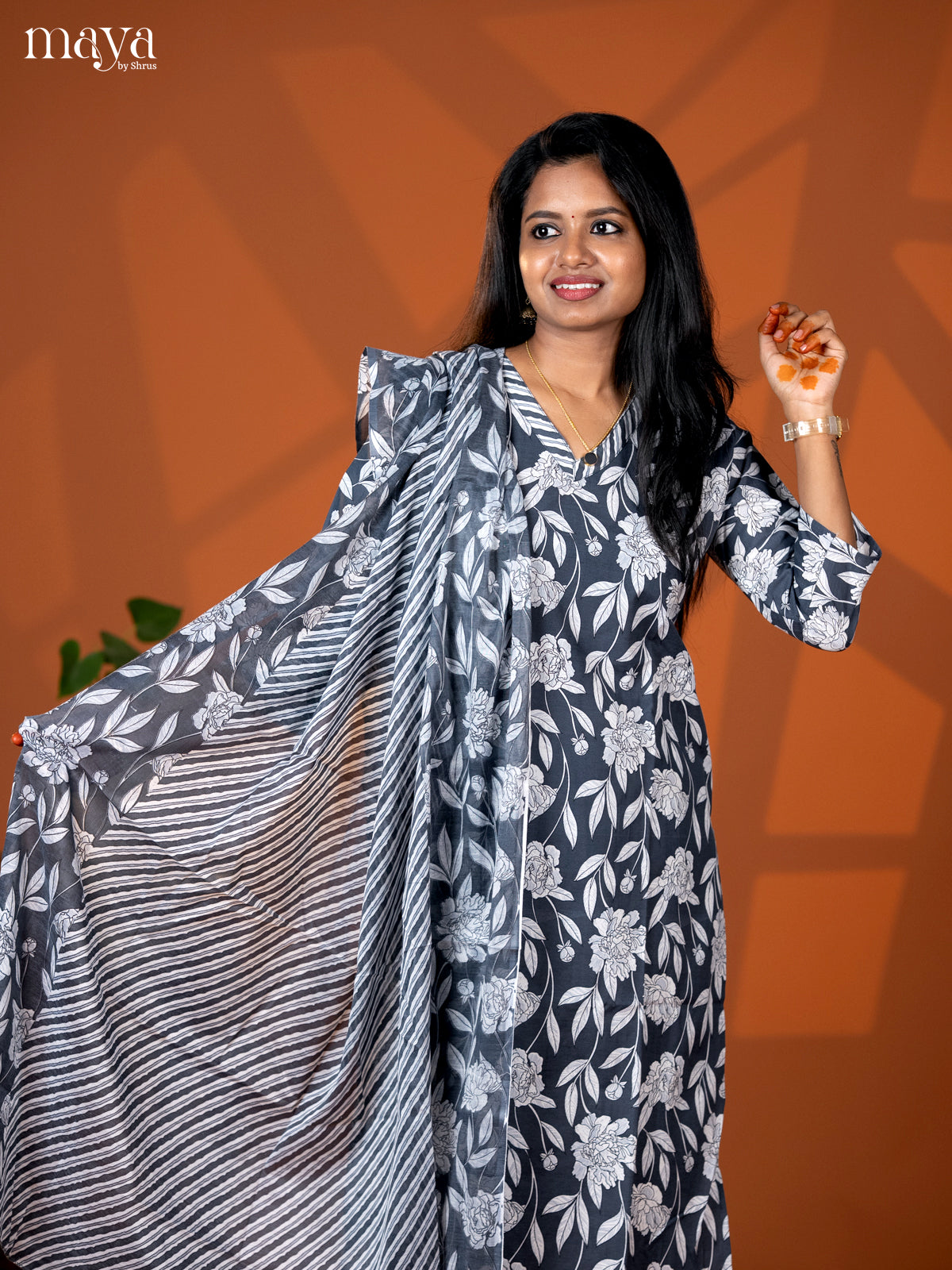 Grey Cotton 3pc Salwar suit with Floral Print - Top, Bottom & Dupatta - Shop on Shrus.com