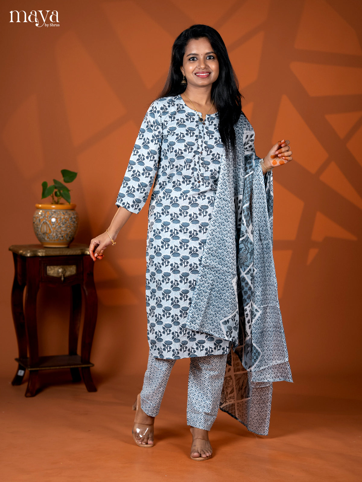 Peacock Blue Cotton 3pc Salwar Suit with Floral Print - Top, Bottom & Dupatta - Shop on Shrus.com