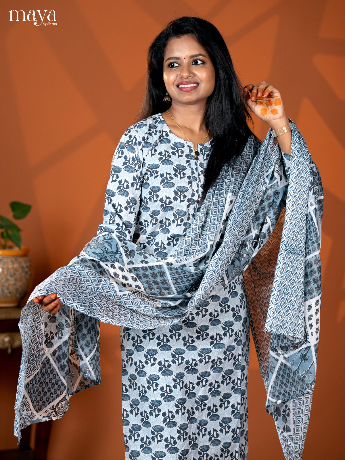 Peacock Blue Cotton 3pc Salwar Suit with Floral Print - Top, Bottom & Dupatta - Shop on Shrus.com