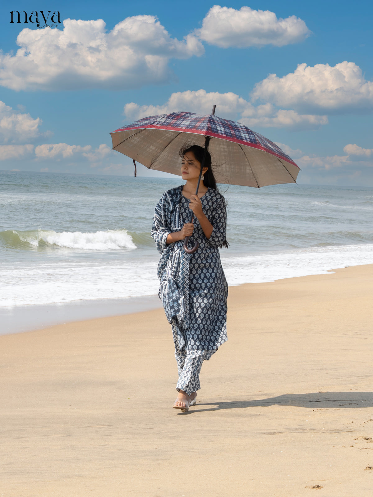 Dark Greyish Blue Cotton 3pc Salwar suit with Pasiley Print - Top, Bottom & Dupatta - Shop on Shrus.com