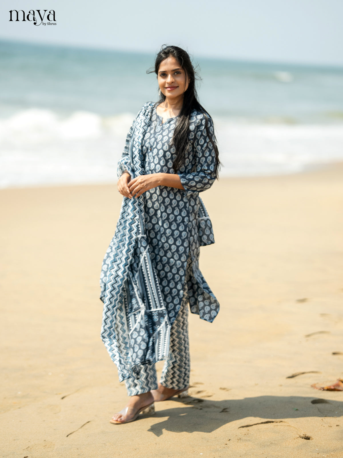 Dark Greyish Blue Cotton 3pc Salwar suit with Pasiley Print - Top, Bottom & Dupatta - Shop on Shrus.com