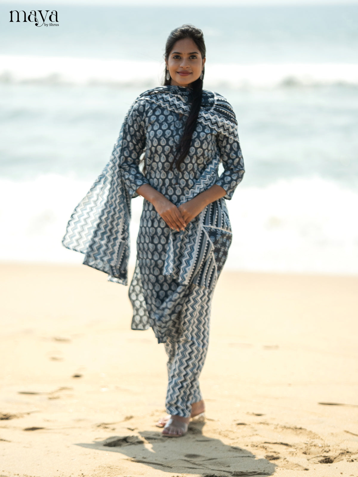 Dark Greyish Blue Cotton 3pc Salwar suit with Pasiley Print - Top, Bottom & Dupatta - Shop on Shrus.com