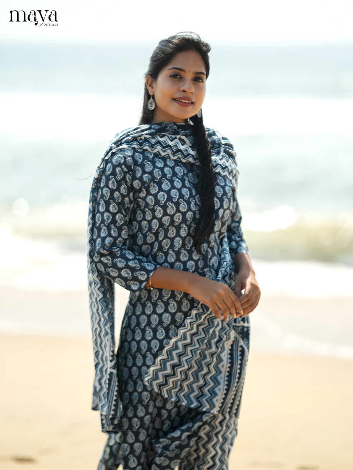 Dark Greyish Blue Cotton 3pc Salwar suit with Pasiley Print - Top, Bottom & Dupatta - Shop on Shrus.com