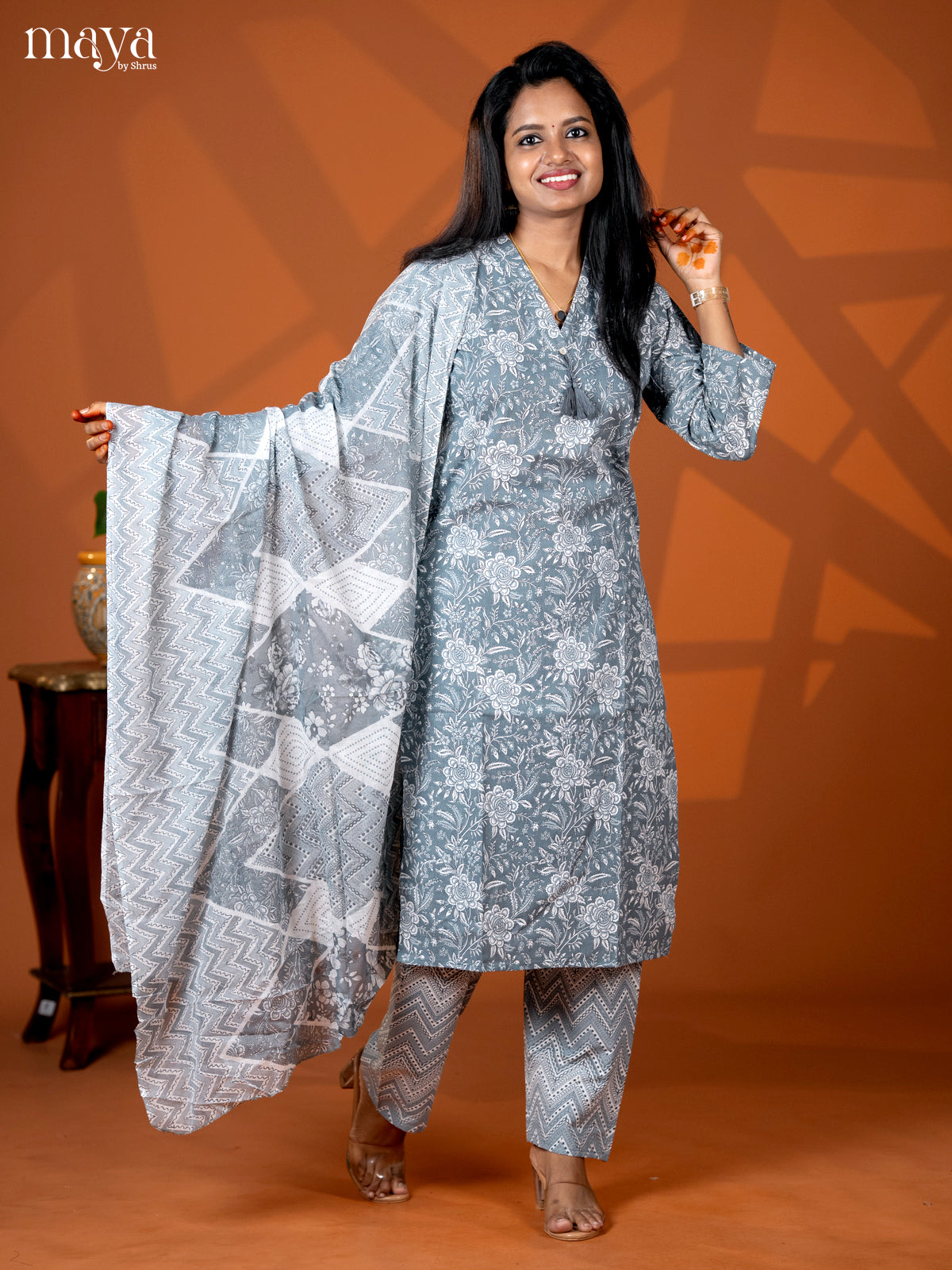 Grey Cotton 3pc Salwar suit with Floral Print - Top, Bottom & Dupatta - Shop on Shrus.com