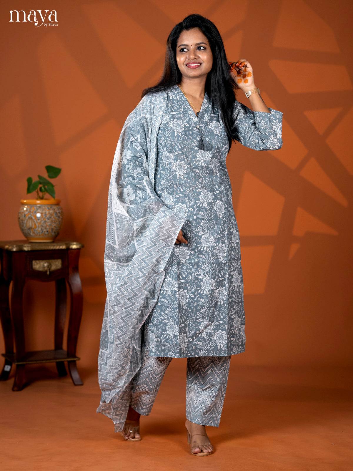 Grey Cotton 3pc Salwar suit with Floral Print - Top, Bottom & Dupatta - Shop on Shrus.com