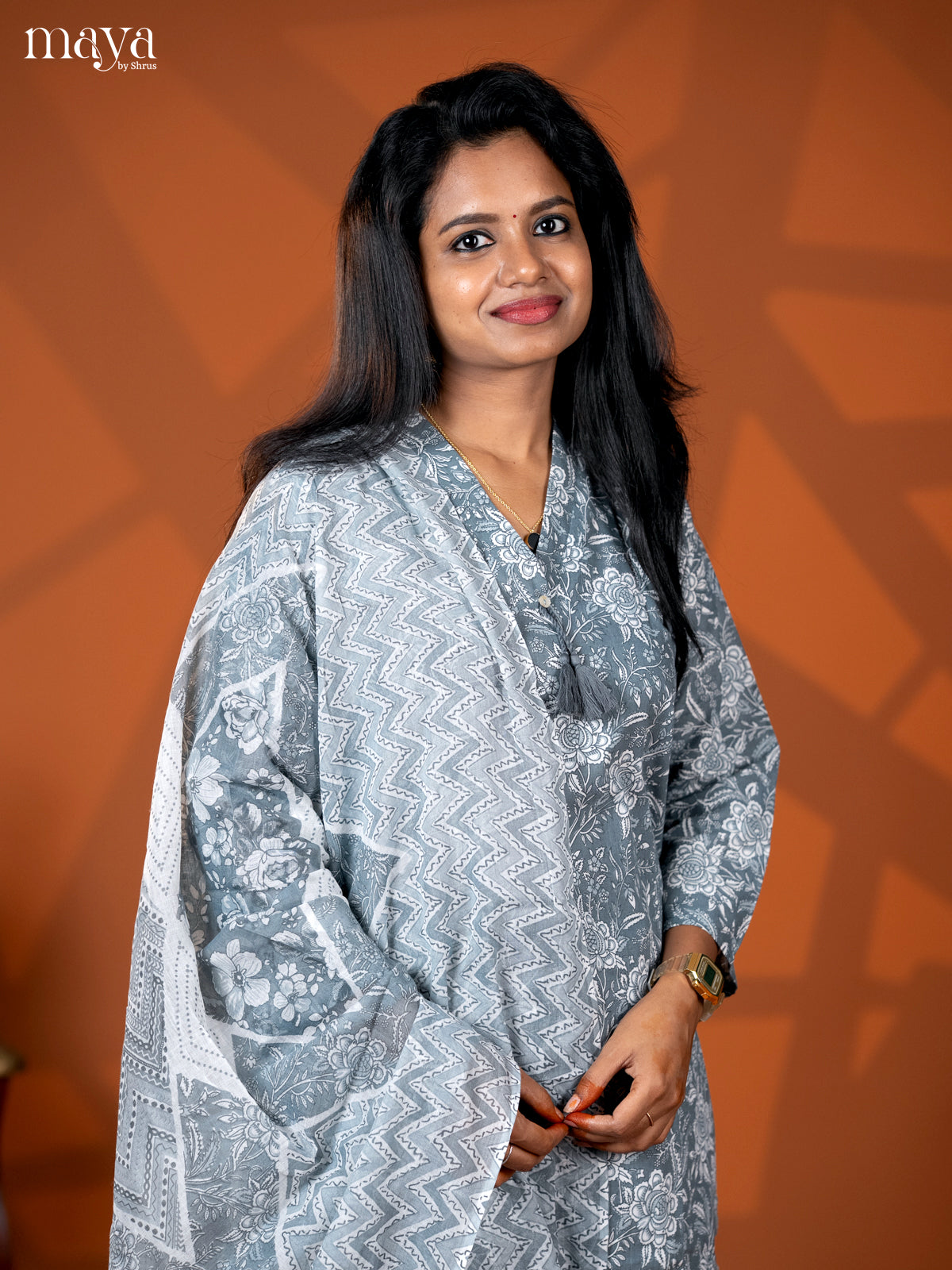 Grey Cotton 3pc Salwar suit with Floral Print - Top, Bottom & Dupatta - Shop on Shrus.com