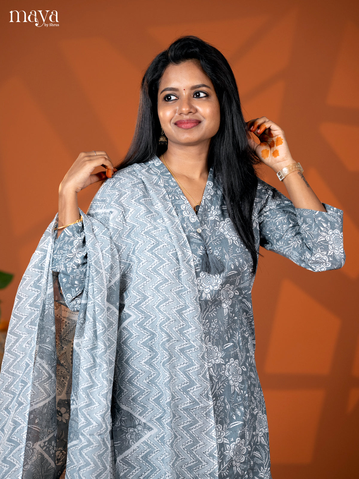 Grey Cotton 3pc Salwar suit with Floral Print - Top, Bottom & Dupatta - Shop on Shrus.com