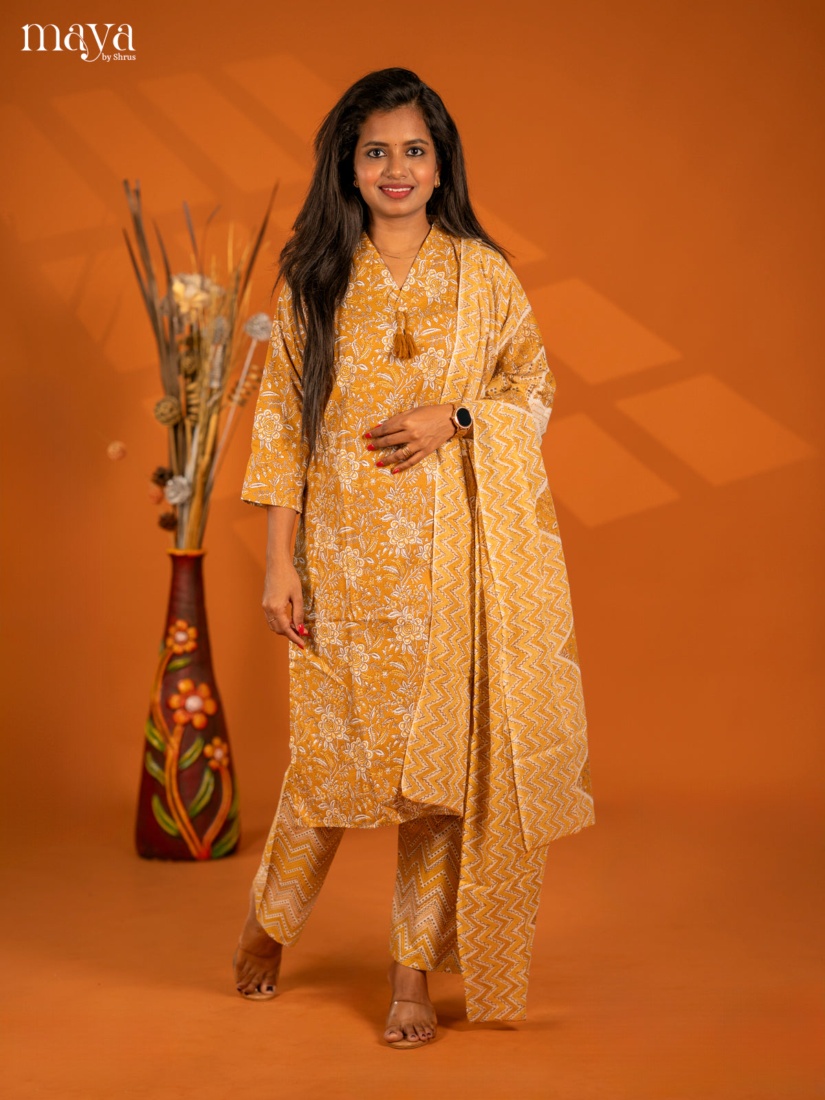 Mustrad Cotton 3pc Salwar Suit with Floral Print - Top, Botton & Dupatta - Shop on Shrus.com