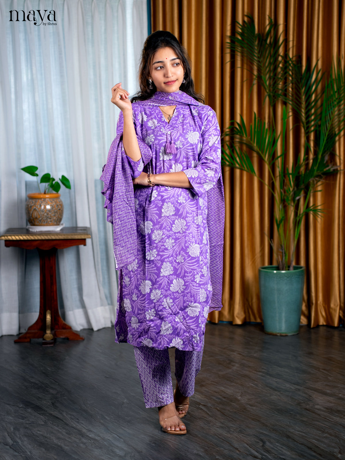 Purple Cotton 3pc Salwar Suit with Floral Print - Top, Bottom & Dupatta - Shop on Shrus.com