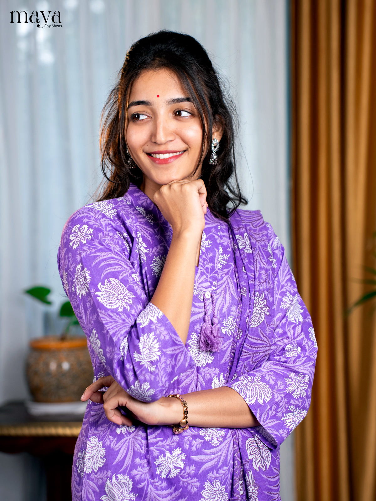 Purple Cotton 3pc Salwar Suit with Floral Print - Top, Bottom & Dupatta - Shop on Shrus.com