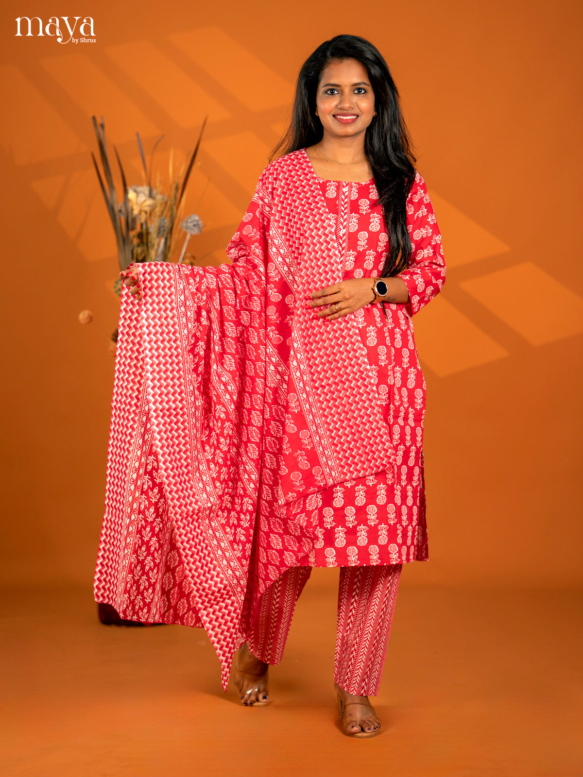 Red Cotton 3pc Salwar Suit with Floral Print - Top, Bottom & Dupatta - Shop on Shrus.com