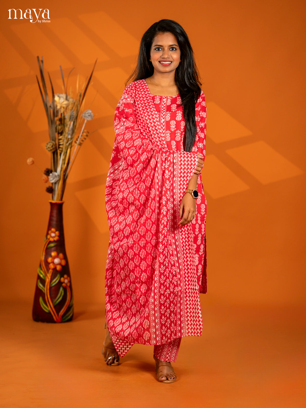 Red Cotton 3pc Salwar Suit with Floral Print - Top, Bottom & Dupatta - Shop on Shrus.com