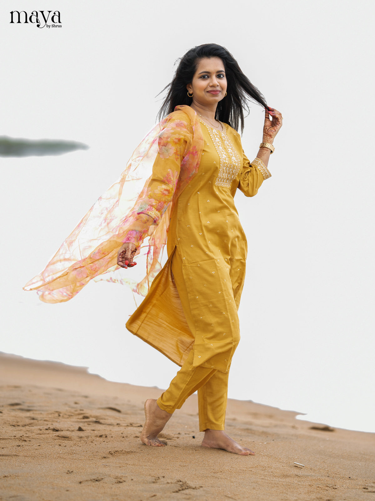 Mustrad Slub Cotton 3pc Salwar Suit with Sequins Floral work - Top, Bottom & Dupatta - Shop on Shrus.com