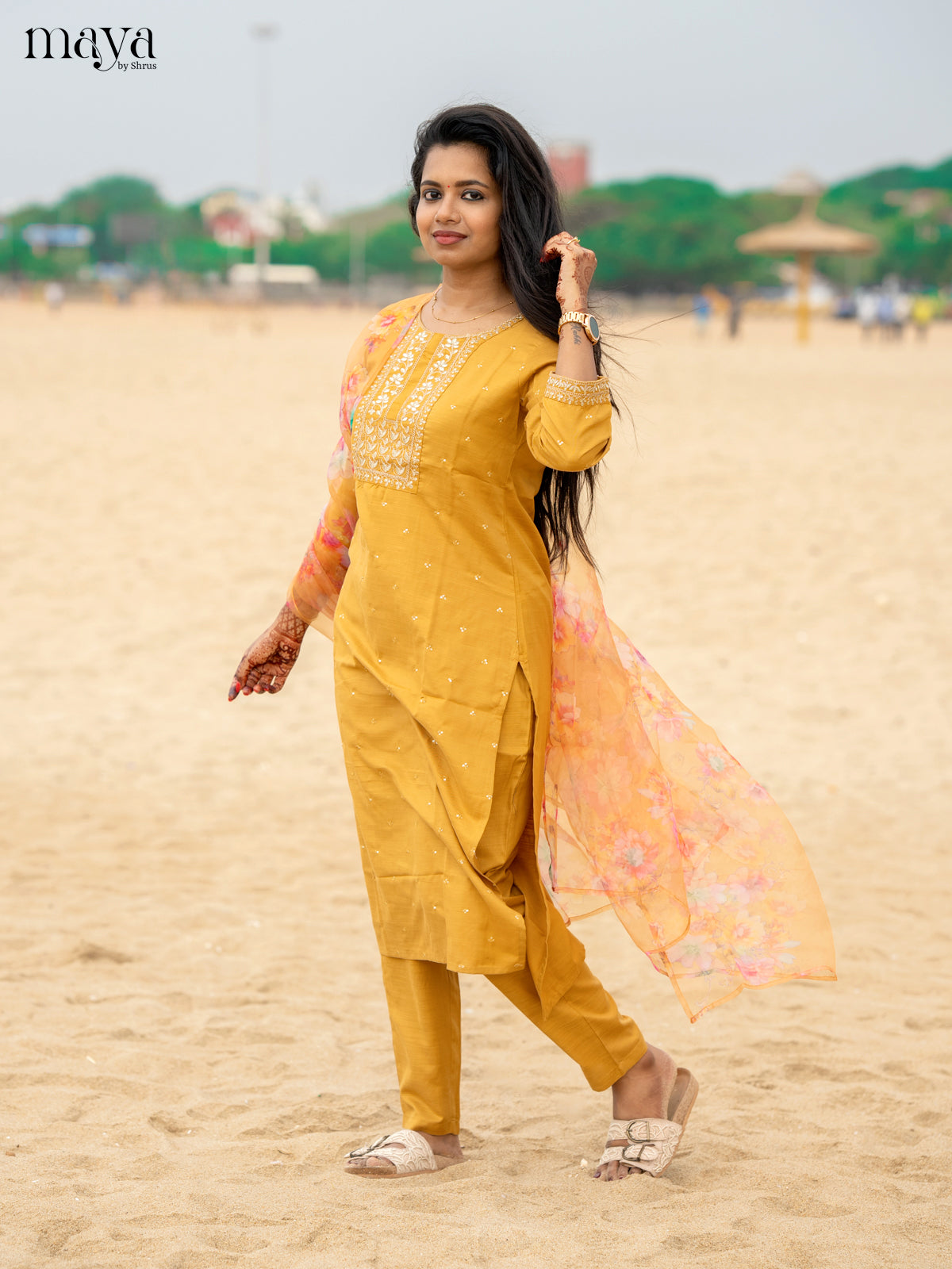 Mustrad Slub Cotton 3pc Salwar Suit with Sequins Floral work - Top, Bottom & Dupatta - Shop on Shrus.com