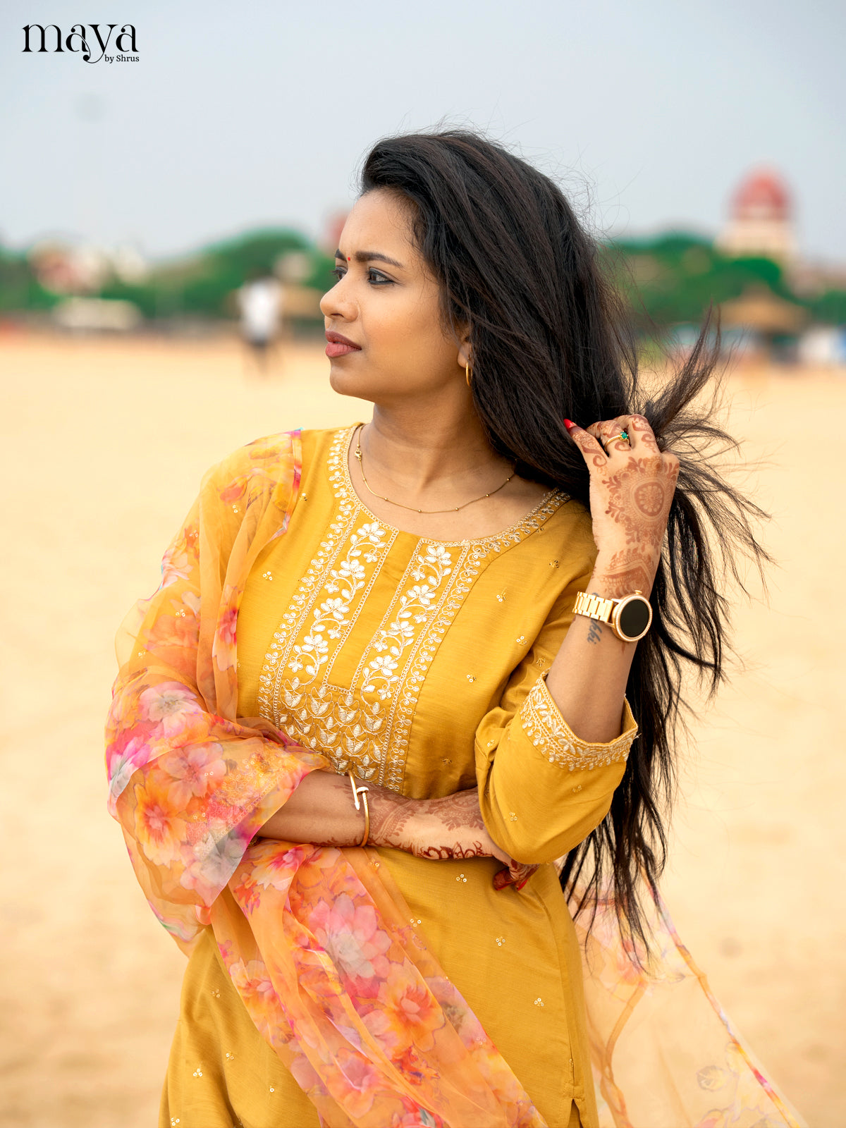 Mustrad Slub Cotton 3pc Salwar Suit with Sequins Floral work - Top, Bottom & Dupatta - Shop on Shrus.com