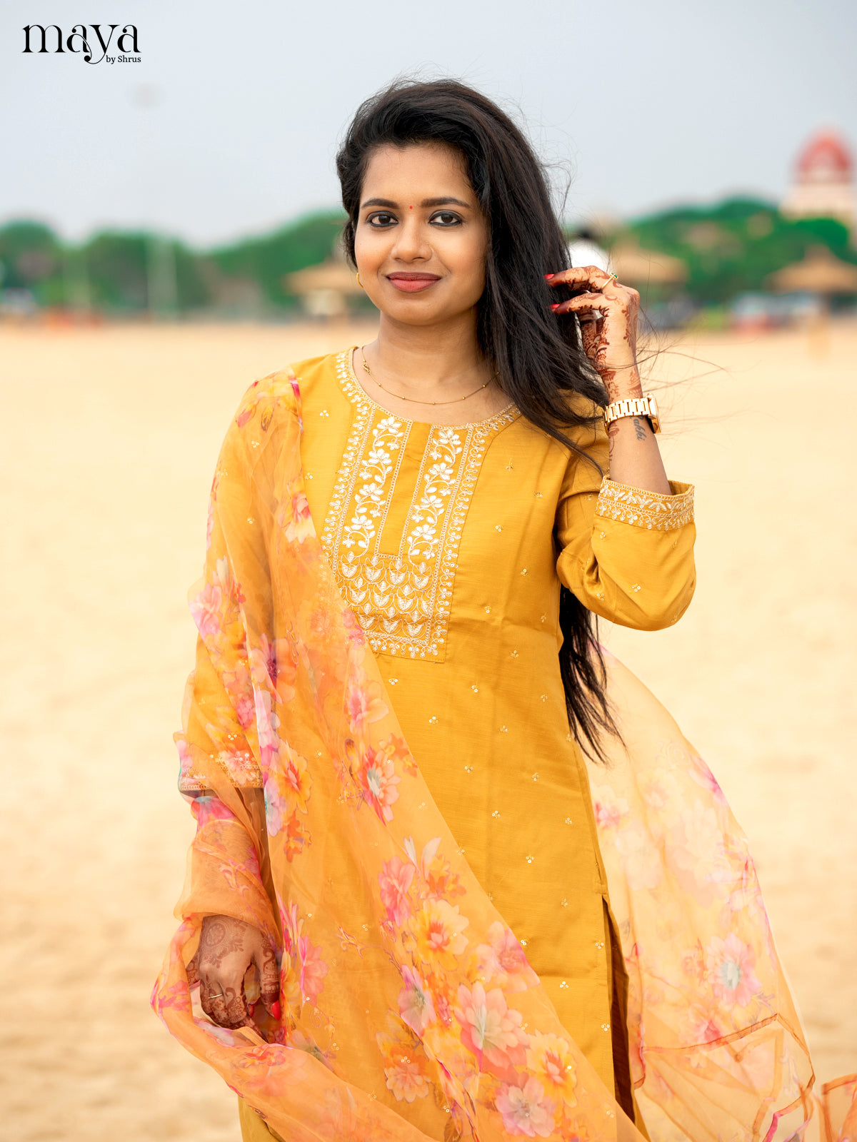 Mustrad Slub Cotton 3pc Salwar Suit with Sequins Floral work - Top, Bottom & Dupatta - Shop on Shrus.com