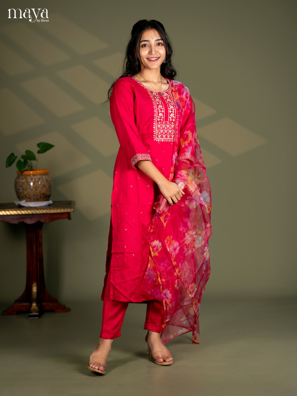 Pink Slub Cotton 3pc Salwar Suit Sequins with Floral work - Top, Bottom & Dupatta - Shop on Shrus.com