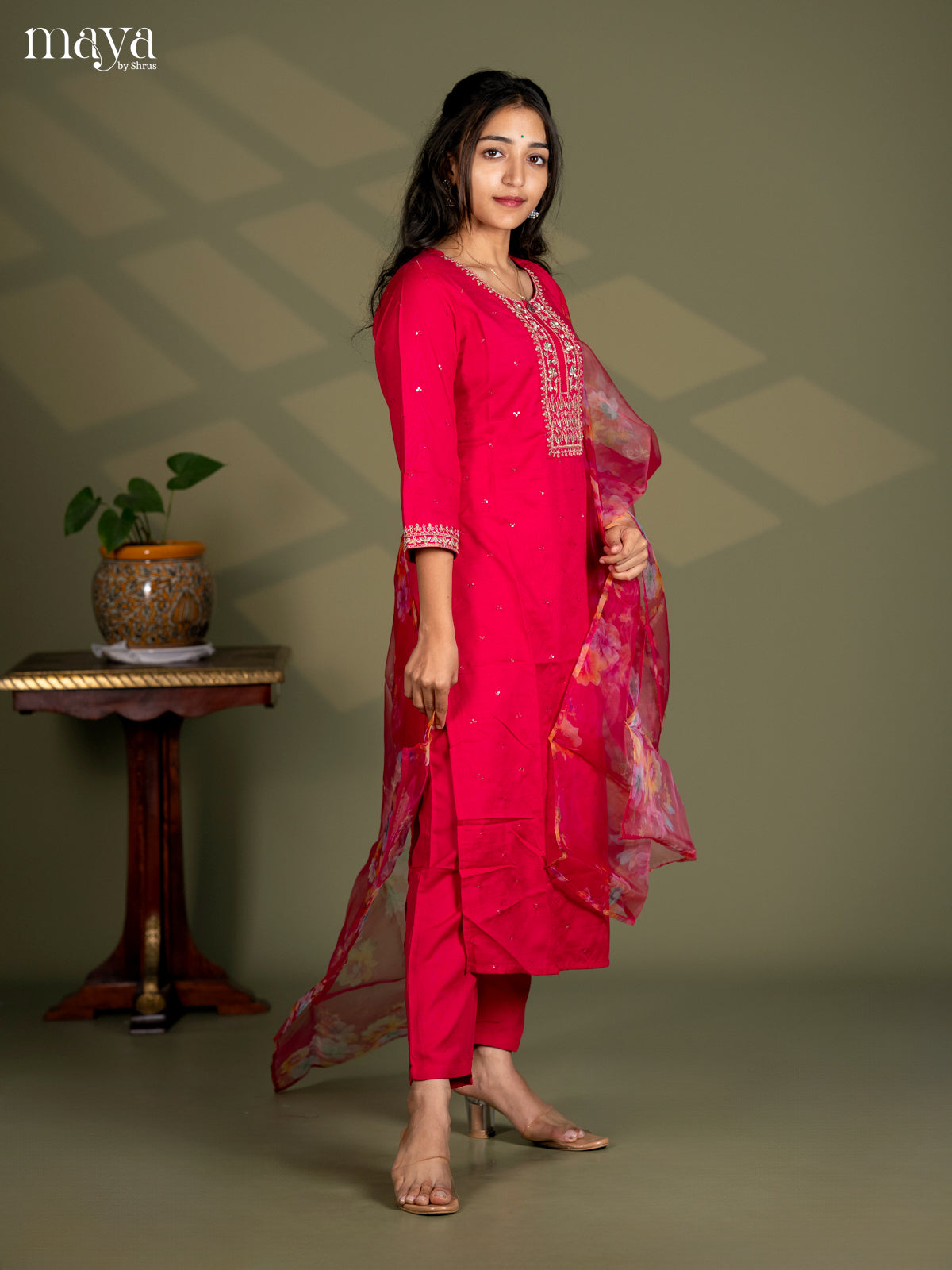 Pink Slub Cotton 3pc Salwar Suit Sequins with Floral work - Top, Bottom & Dupatta - Shop on Shrus.com