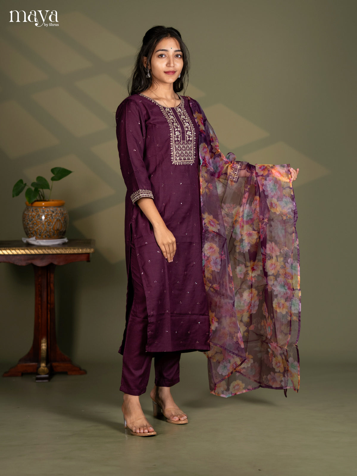 Maroon Slub Cotton 3pc Salwa Suit with Sequins Floral work - Top, Bottom & Dupatta - Shop on Shrus.com