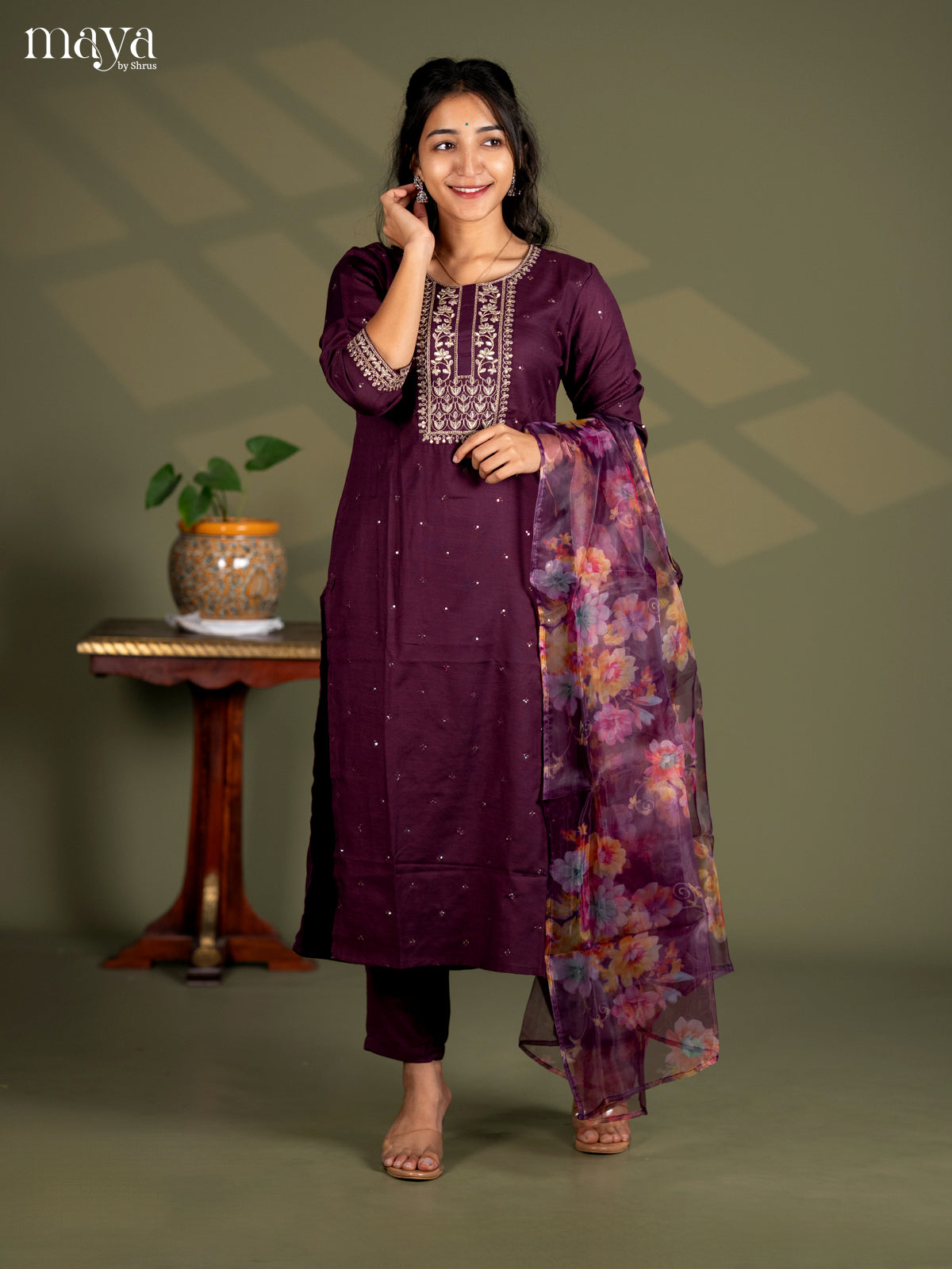Maroon Slub Cotton 3pc Salwa Suit with Sequins Floral work - Top, Bottom & Dupatta - Shop on Shrus.com