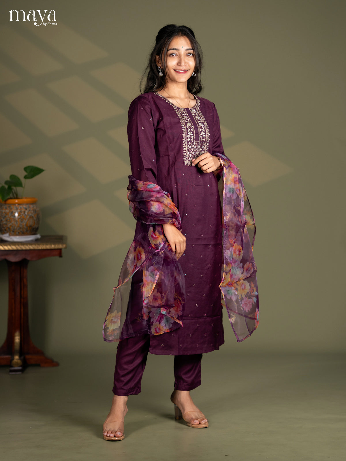 Maroon Slub Cotton 3pc Salwa Suit with Sequins Floral work - Top, Bottom & Dupatta - Shop on Shrus.com