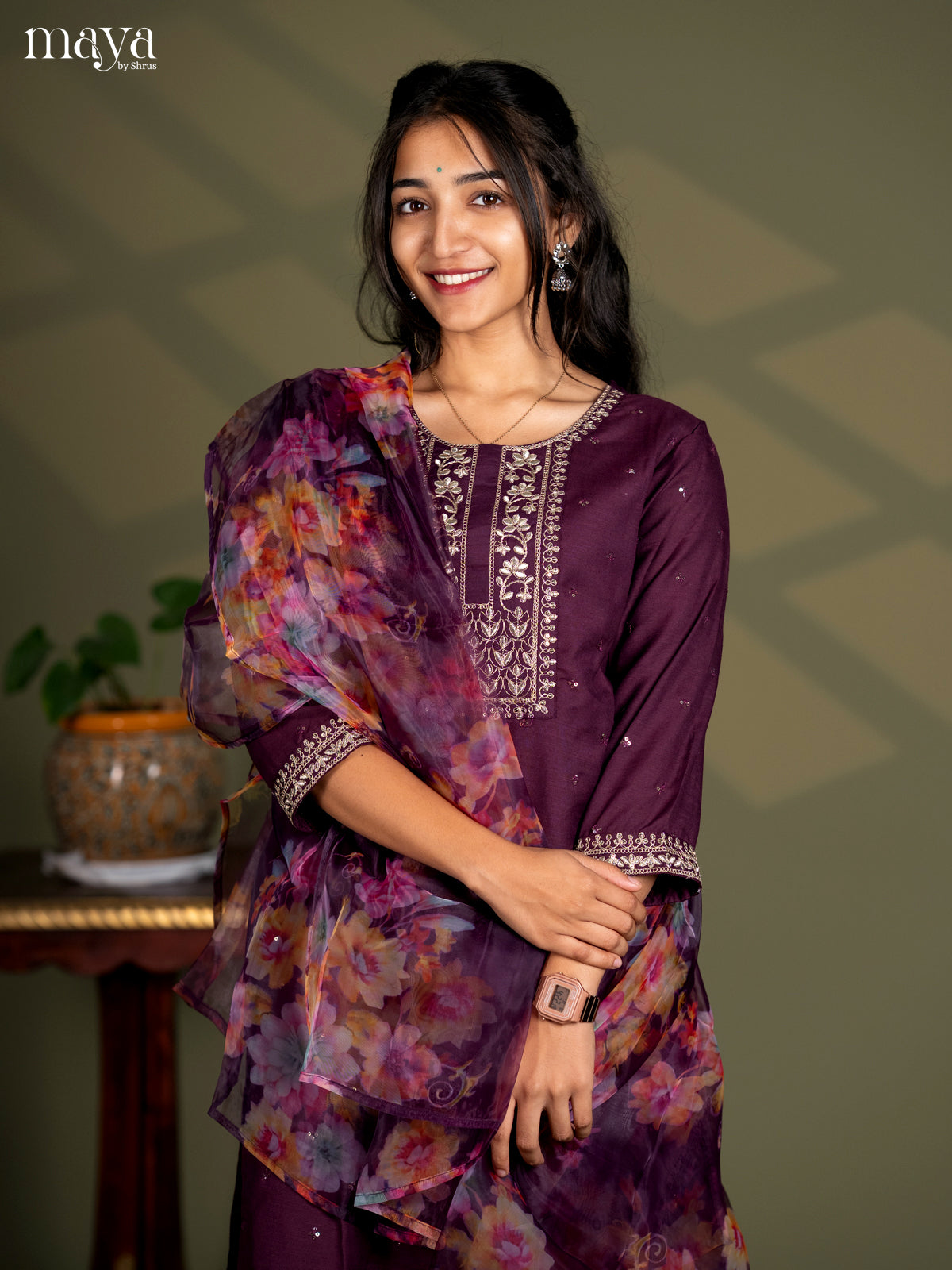 Maroon Slub Cotton 3pc Salwa Suit with Sequins Floral work - Top, Bottom & Dupatta - Shop on Shrus.com