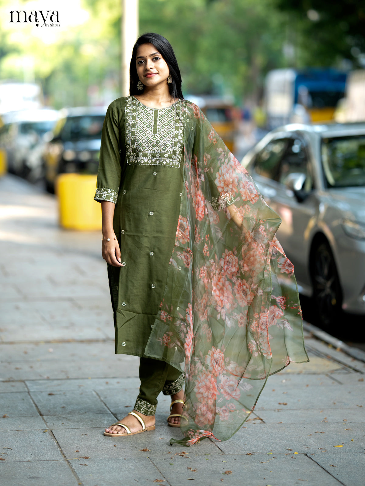 Olive Green Slub Cotton 3pc Salwar Suit with Sequins Floral work - Top, Bottom & Dupatta - Shop on Shrus.com