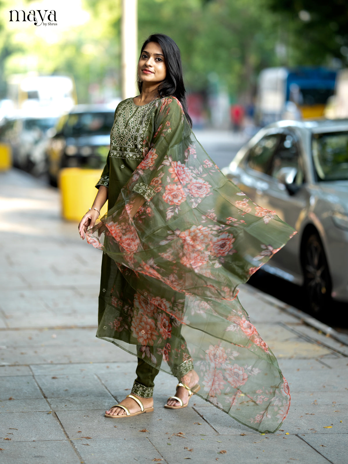 Olive Green Slub Cotton 3pc Salwar Suit with Sequins Floral work - Top, Bottom & Dupatta - Shop on Shrus.com